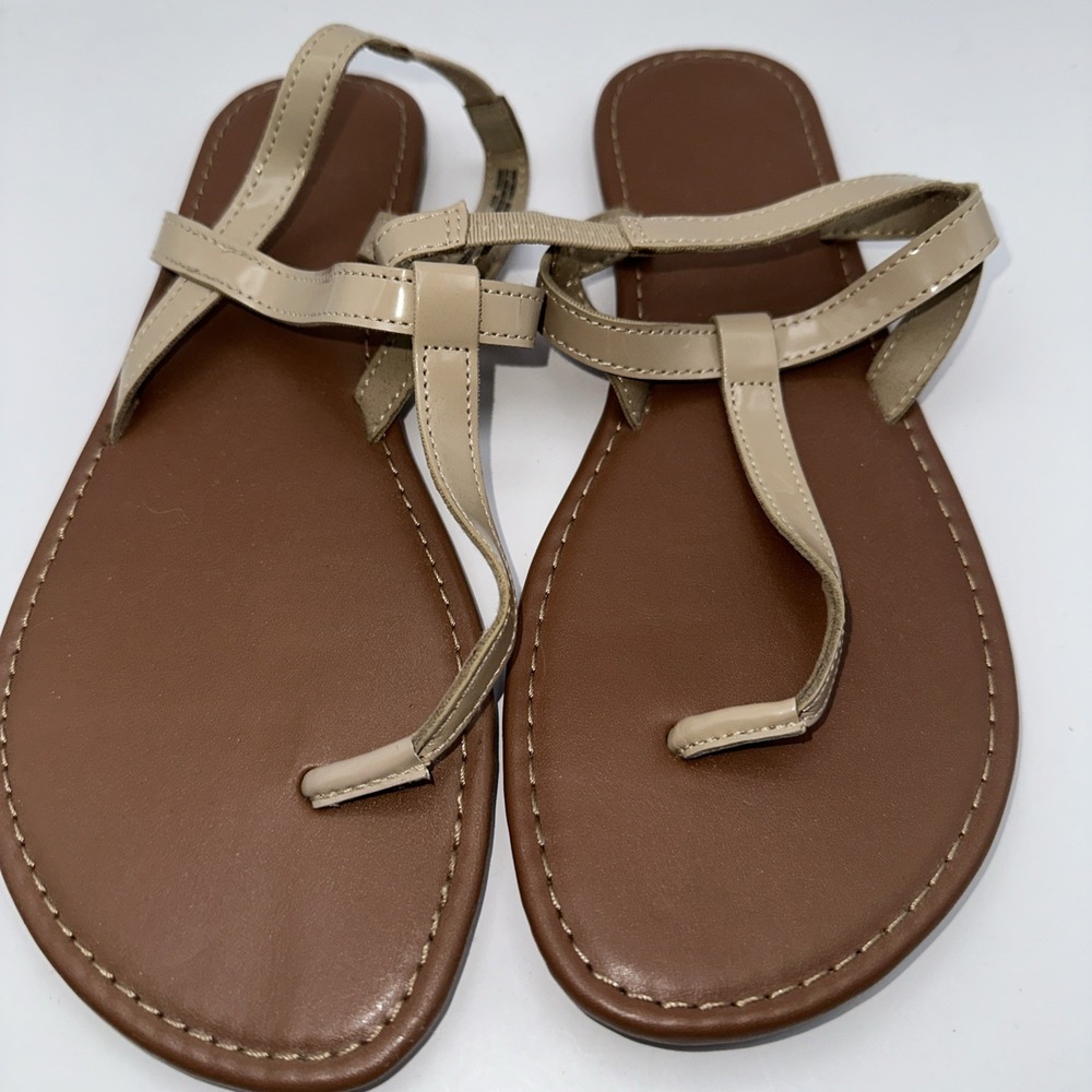 Time And True Cream Flat Strappy Thong Liplop Trap Back Sandals Size 8 See Desc‎